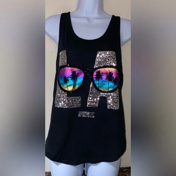 Victoria’s Secret pink destination bling top LA sequin bling tank sunglasses tee - Picture 2 of 9